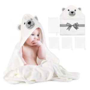 Momcozy Baby Bath Towel Set – Includes a hooded towel, washcloth, and bath glove